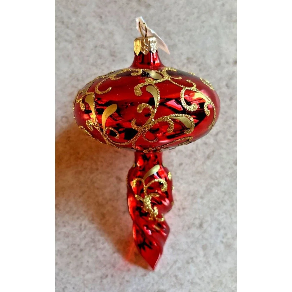 5 Hand Painted Glass Bells & 1 Gold Filigree Ball Christmas Ornaments Glitter